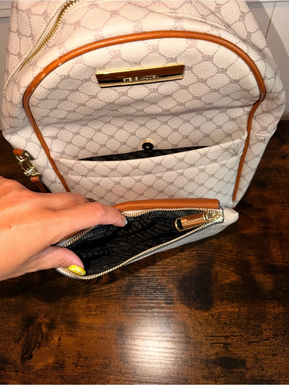 Steve Madden Cream and Tan Signature Mini Backpack